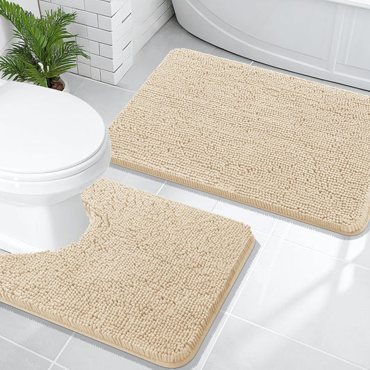 OLANLY Bathroom Rugs Sets 2 Piece, Soft Absorbent Chenille Bath Mats and U-Shaped Contour Toilet Mat Area Rug Set, Machine Washable Bath Carpet, Home Decor Accessories(30"x20"+24"x20", Beige)