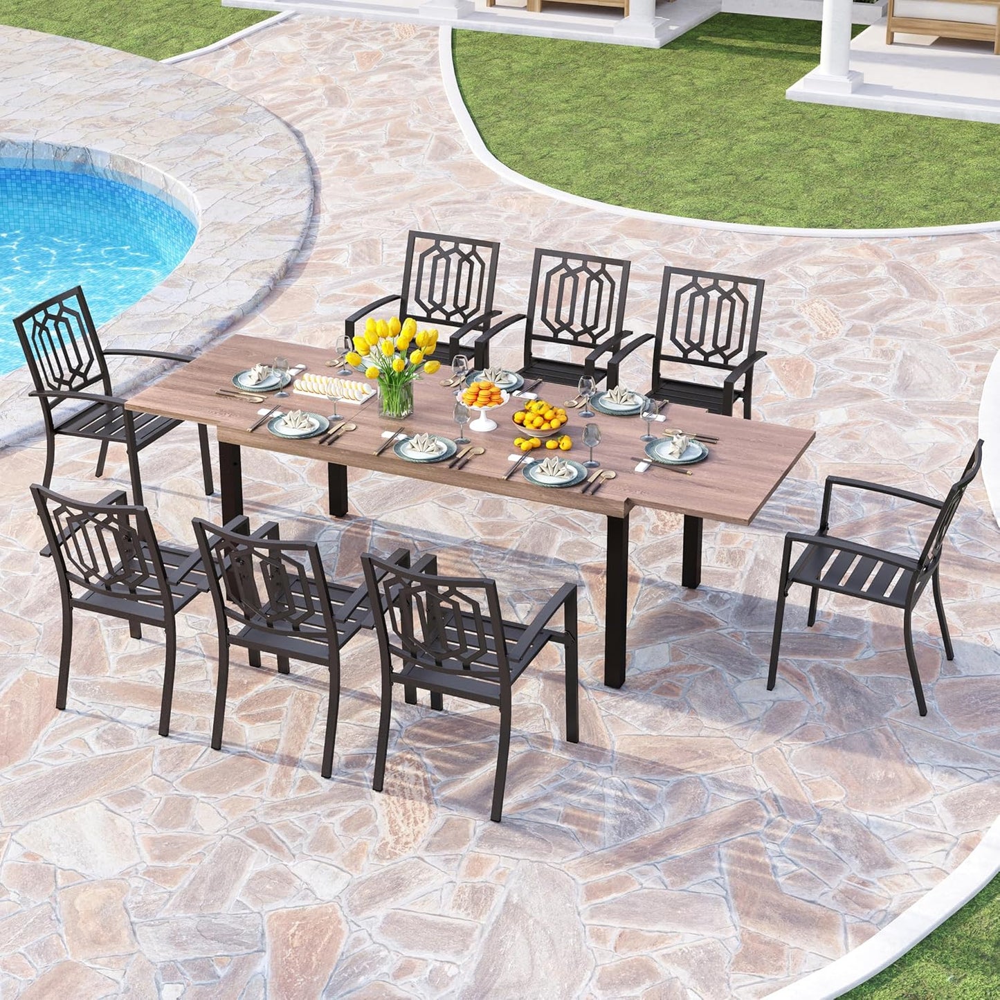 PHI VILLA 9 Pieces Outdoor Dining Set for 8, Expandable Wood-Like Metal Table & Wrought Iron Stacking Chairs, Large Long Dining Furniture for Patio, Deck, Backyard, Porch