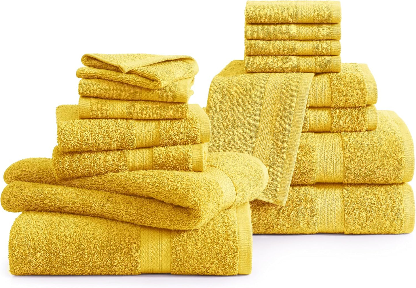 LANE LINEN 100% Mercerized Cotton Bathroom Towel Set - 16 Pieces - Fluffy, Super Soft & Highly Absorbent - 4 Bath Towels, 8 Washcloths, 4 Hand Towels - Ring Spun, Double Sided Cotton Terry - Mimosa