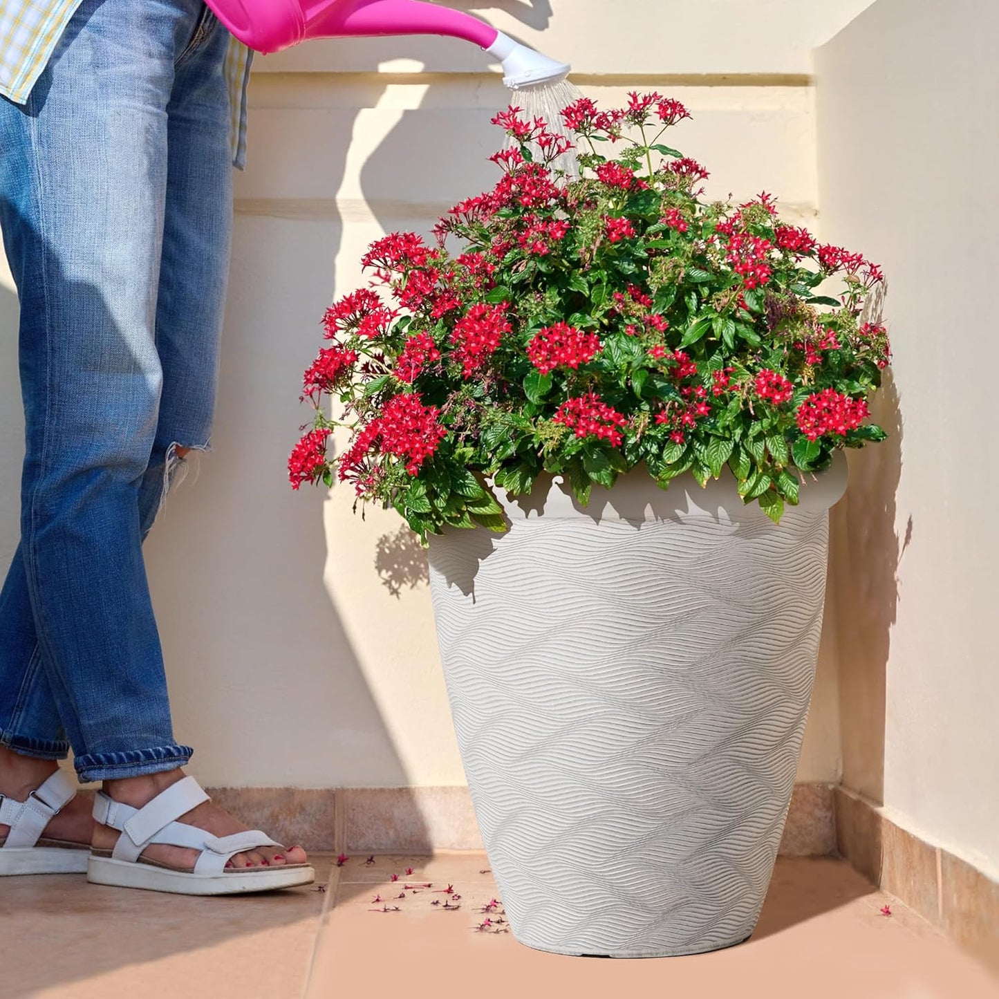 Worth Garden 2-Pack 16" Large Round Planter - Weave Pattern Lightweight Plastic Plant Pot 16" x 17.5" for Indoor Outdoor Use - Decorative Containers for Front Porch Home Yard Deck Patio - White