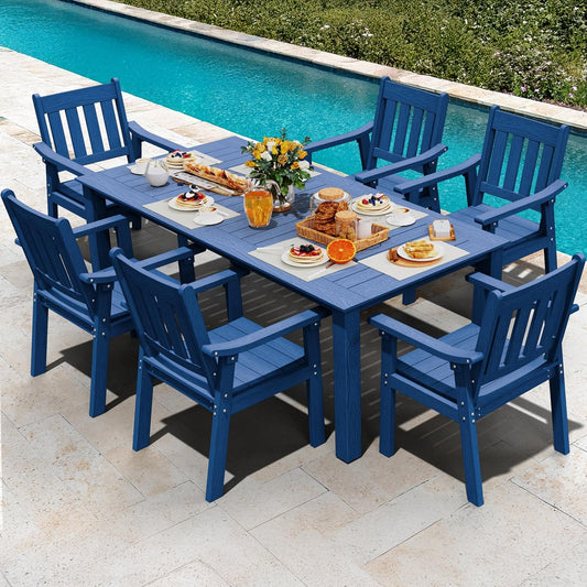 YEFU HIPS Patio Table Set: 7 Piece Outdoor Table and Chairs Dining Furniture Set with Umbrella Hole - Blue Modern Plastic Dining Sets 6 Person for Outside Deck with Metal Aluminum Frame