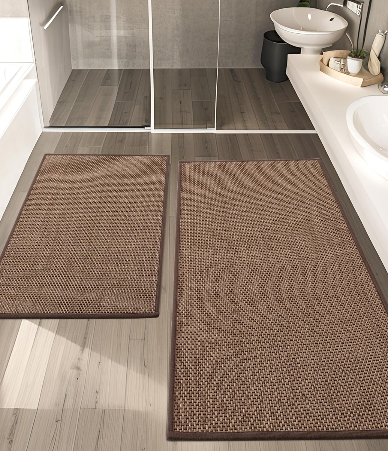 YIHOUSE Bathroom Rugs Sets 2 Pieces, Coffee Ultra Thin Bath Mats Fit Under Door, Absorbent Quickly Dry Rubber Backing Braided Bath Mat Set, Non Slip Washable Bath Rugs Mat for Bathroom Floor, Coffee