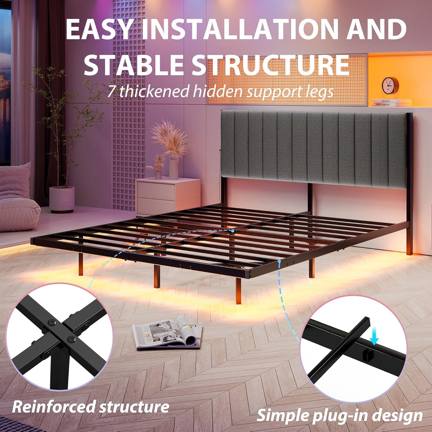 Floating Full Bed Frame with LED Lights & Charging Station,Metal Platform Bed Frame Full Size with Upholstered Headboard,No Box Spring Needed,Heavy Duty Steel Slats,Easy to Assemble No Noise