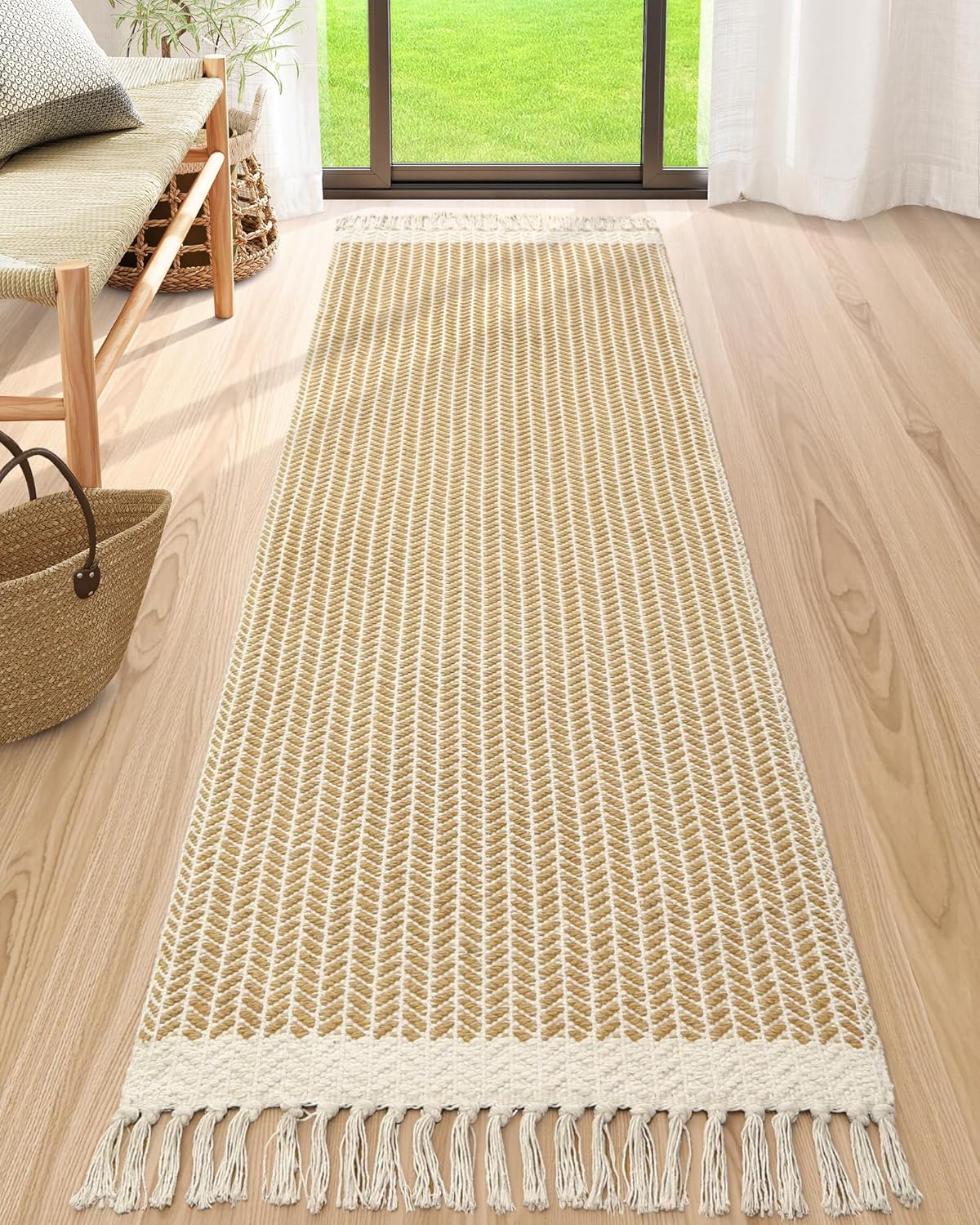 Lahome Boho Hallway Runner Rug, 2'6''x8 Kitchen Runners Washable Rugs for Bedroom Woven Cotton Rug with Tassels, Farmhouse Bath Non Shedding Carpet Runner for Laundry Basement, Khaki