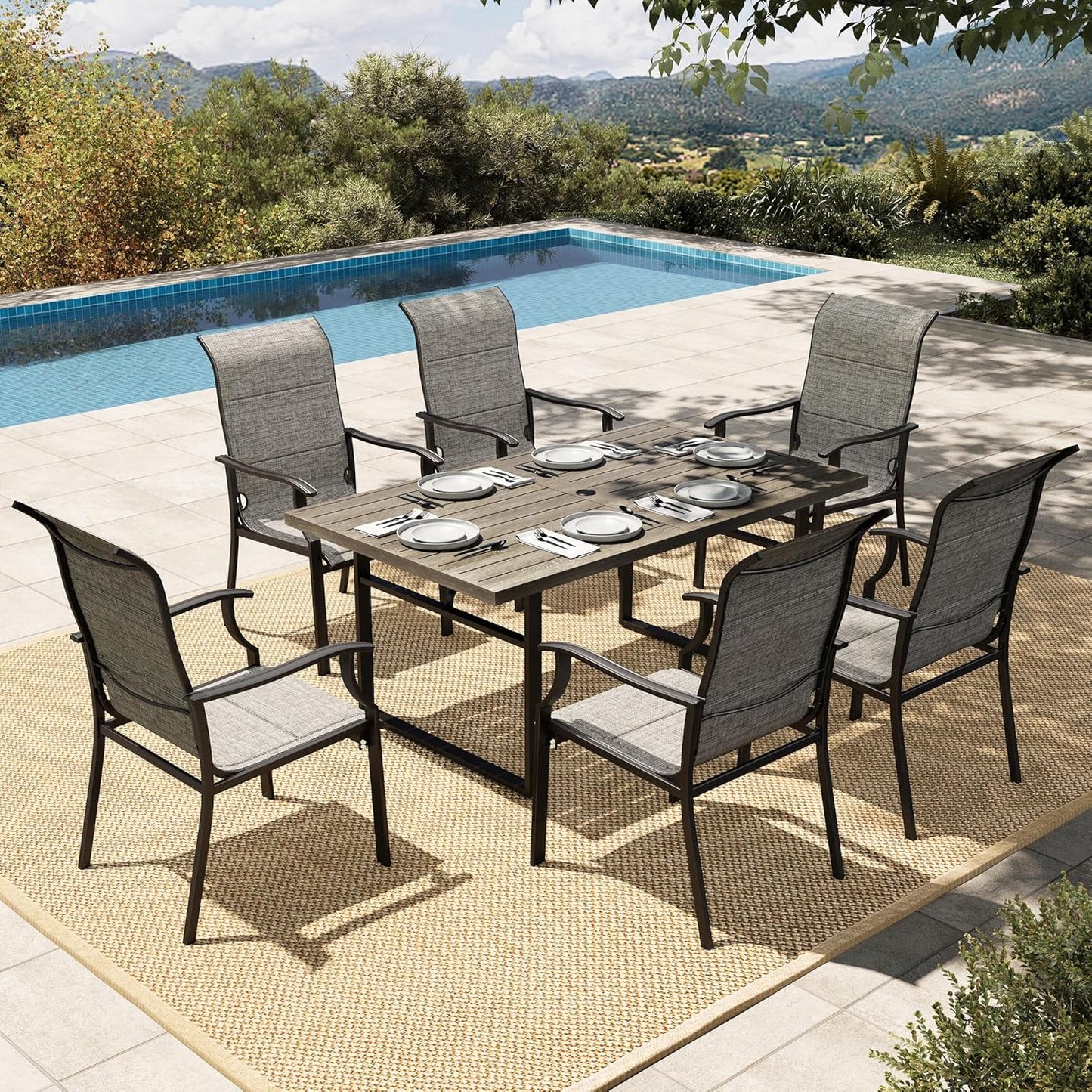HERA'S HOUSE 7 PCS Patio Dining Set, Outdoor Dining Set for 6, 6 x All Weather High Back Padded Dining Chair, 1 x 63 Rectangular Large Wood Like Dining Table for Lawn Garden