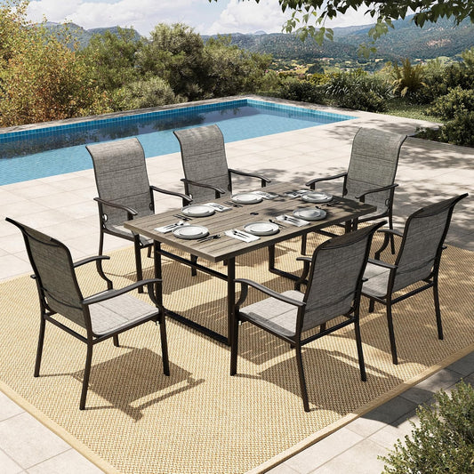 HERA'S HOUSE 7 PCS Patio Dining Set, Outdoor Dining Set for 6, 6 x All Weather High Back Padded Dining Chair, 1 x 63 Rectangular Large Wood Like Dining Table for Lawn Garden