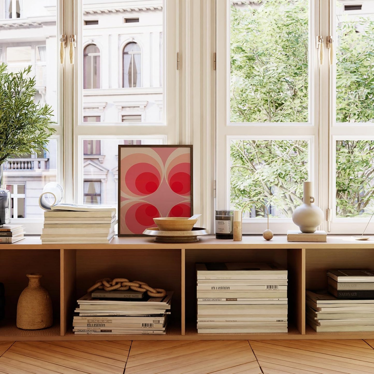 HAUS AND HUES Colorful Abstract Wall Art - Minimalist Retro Picture for Living Room Decor, Red and Pink Modern Wall Art Painting (Pink Mod, Walnut Frame, 16x20)