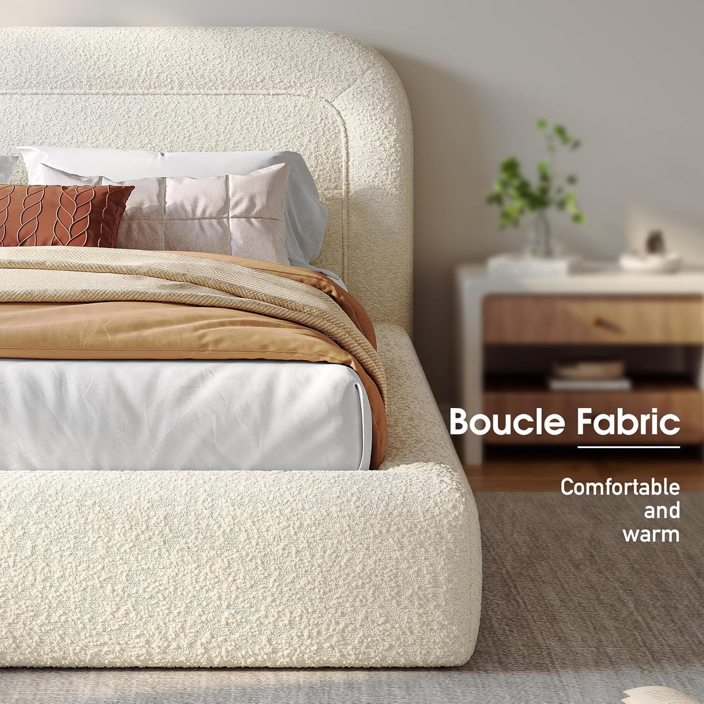 Full Bed Frame with Headboard, Upholstered Cloud Bed Frame, Anti-Collision Soft Rounded Corners, for Modern Bedrooms, Apartments, Guest Rooms, White