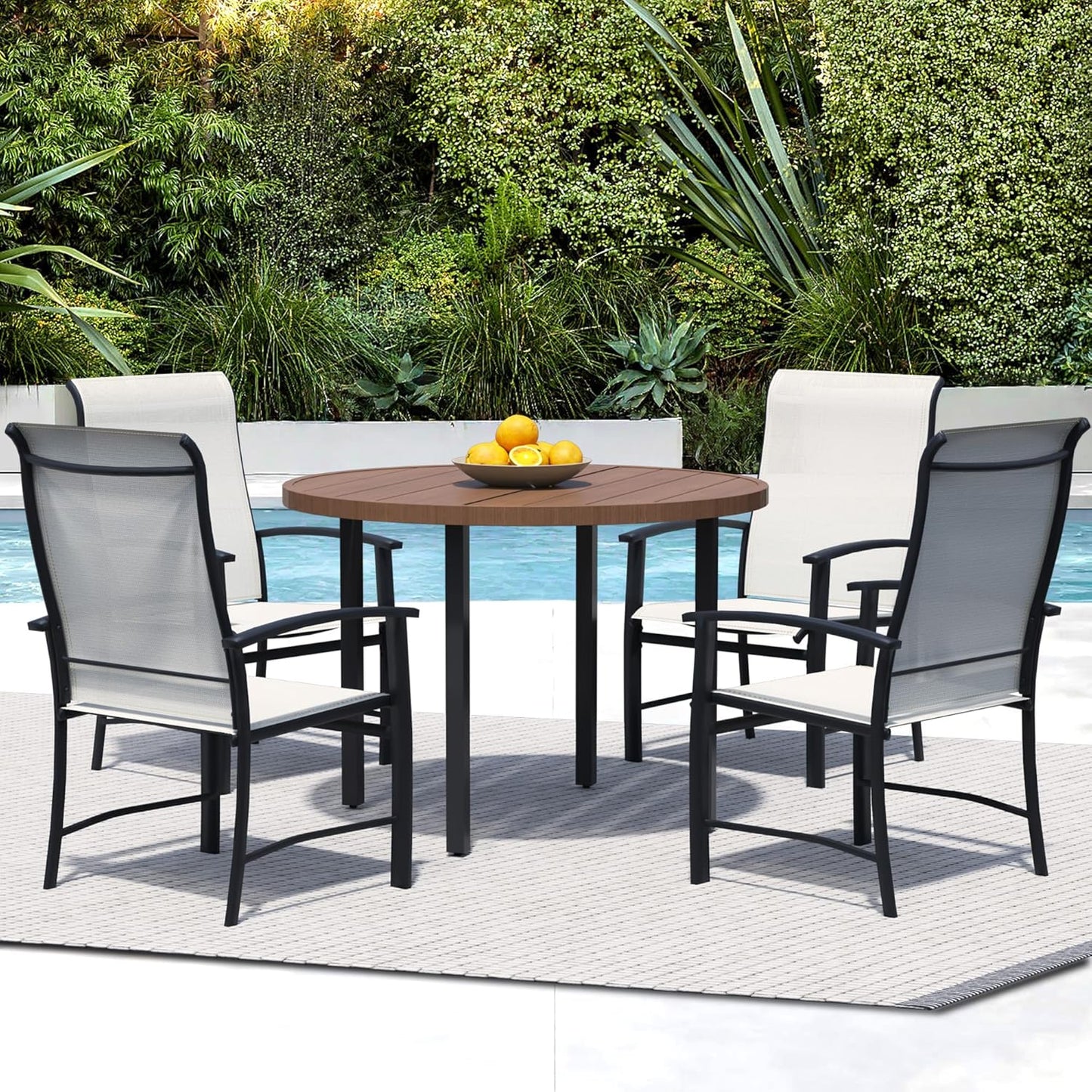 5 Piece Outdoor Dining Set, Patio Table and Chairs Set of 4, 42" Walnut Round Patio Table with 4 Oyster Beige Outdoor Patio Chairs for Lawn, Garden, Porch