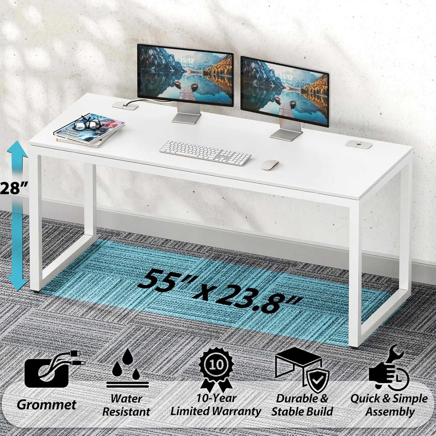 SHW 55-Inch Commercial-Grade Office Computer Desk, White