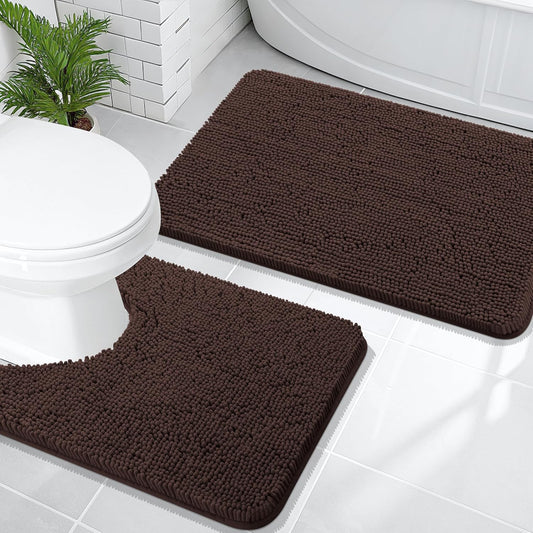 OLANLY Bathroom Rugs Sets 2 Piece, Soft Absorbent Chenille Bath Mats and U-Shaped Contour Toilet Mat Area Rug Set, Machine Washable Bath Carpet, Home Decor Accessories(30"x20"+24"x20", Brown)