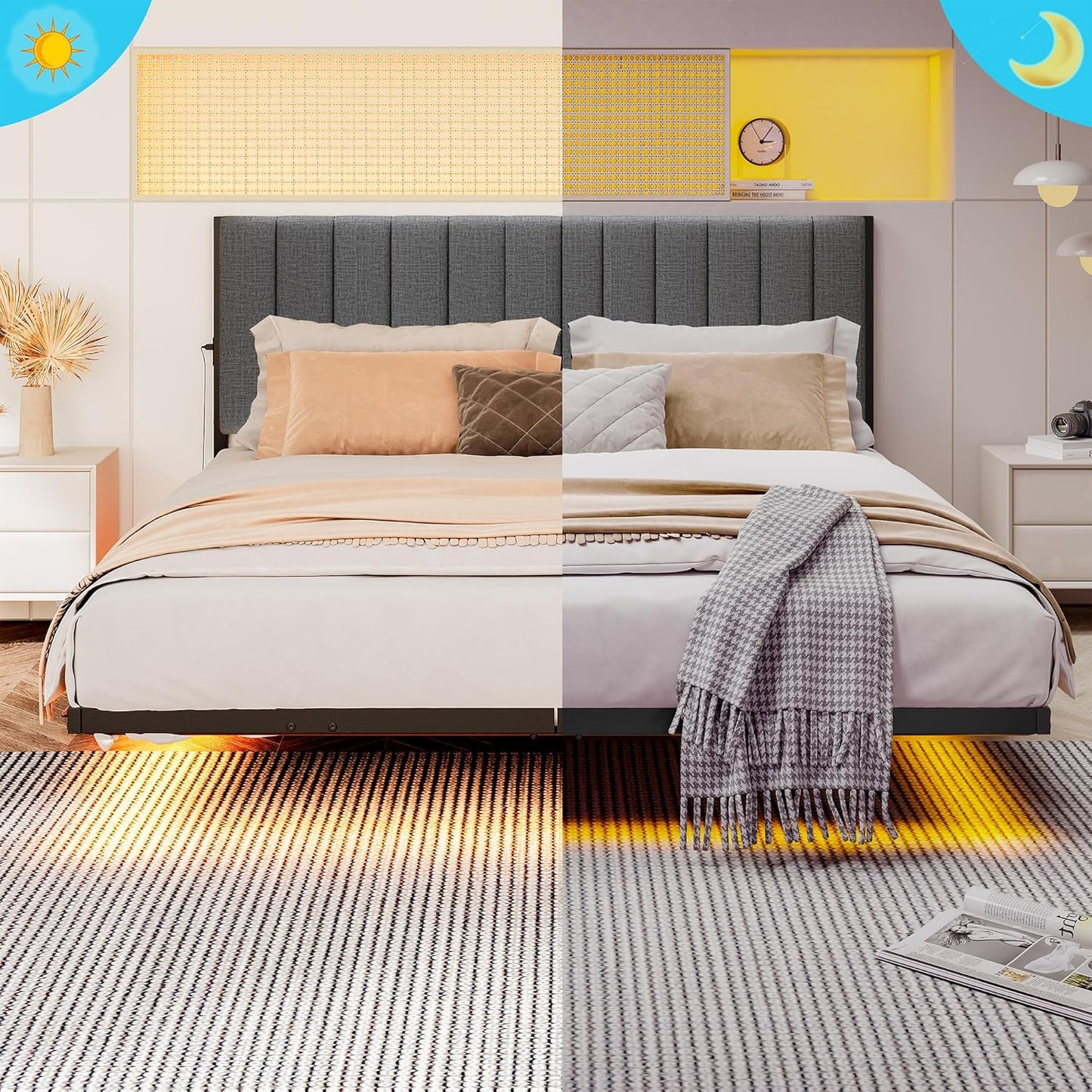 Floating Full Bed Frame with LED Lights & Charging Station,Metal Platform Bed Frame Full Size with Upholstered Headboard,No Box Spring Needed,Heavy Duty Steel Slats,Easy to Assemble No Noise