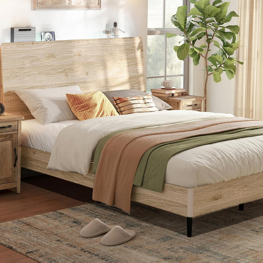 LINSY Wood Bed Frame with Headboard, Full Bedframe Wooden Platform Frames Vintage Full Size Bed Frames, No Box Spring Needed, Easy Assembly, Boho Wood
