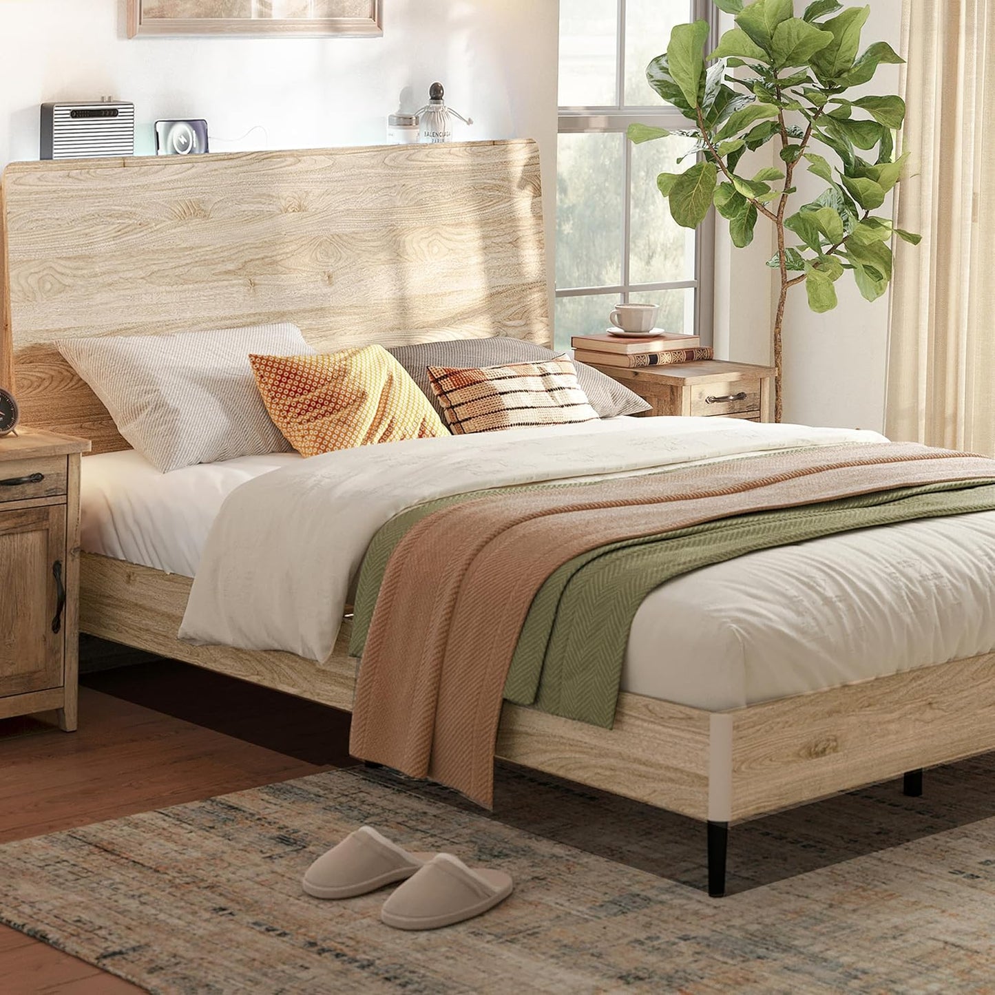 LINSY Wood Bed Frame with Headboard, Queen Bedframe Wooden Platform Frames Vintage Queen Size Bed Frames, No Box Spring Needed, Easy Assembly, Boho Wood