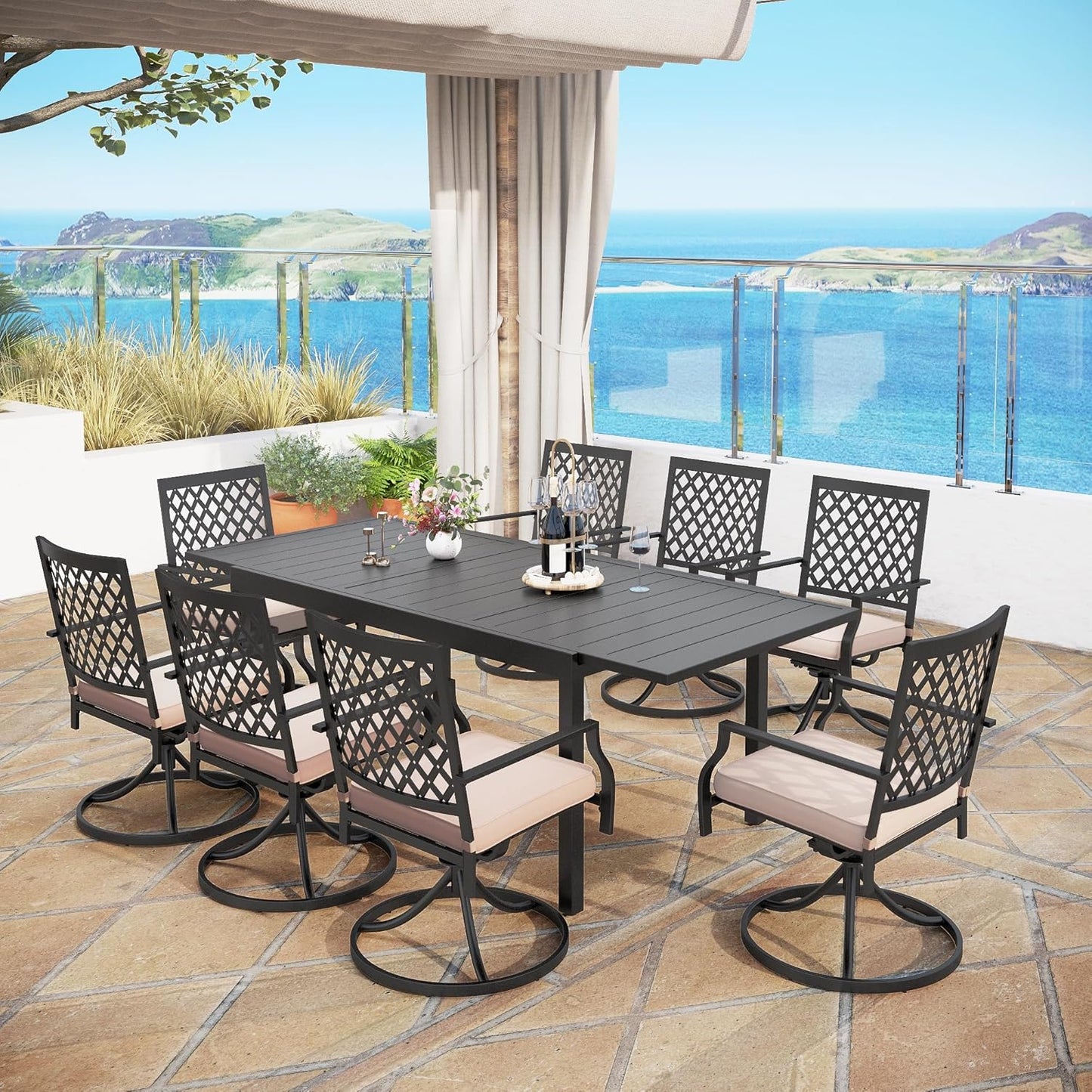 MFSTUDIO Patio Table and Chairs Set, Patio Dining Set for 8 Persons, 9 Piece Outdoor Dining Set with Expandable Table, Metal Outdoor Patio Furniture Set for Deck Backyard Poolside Garden