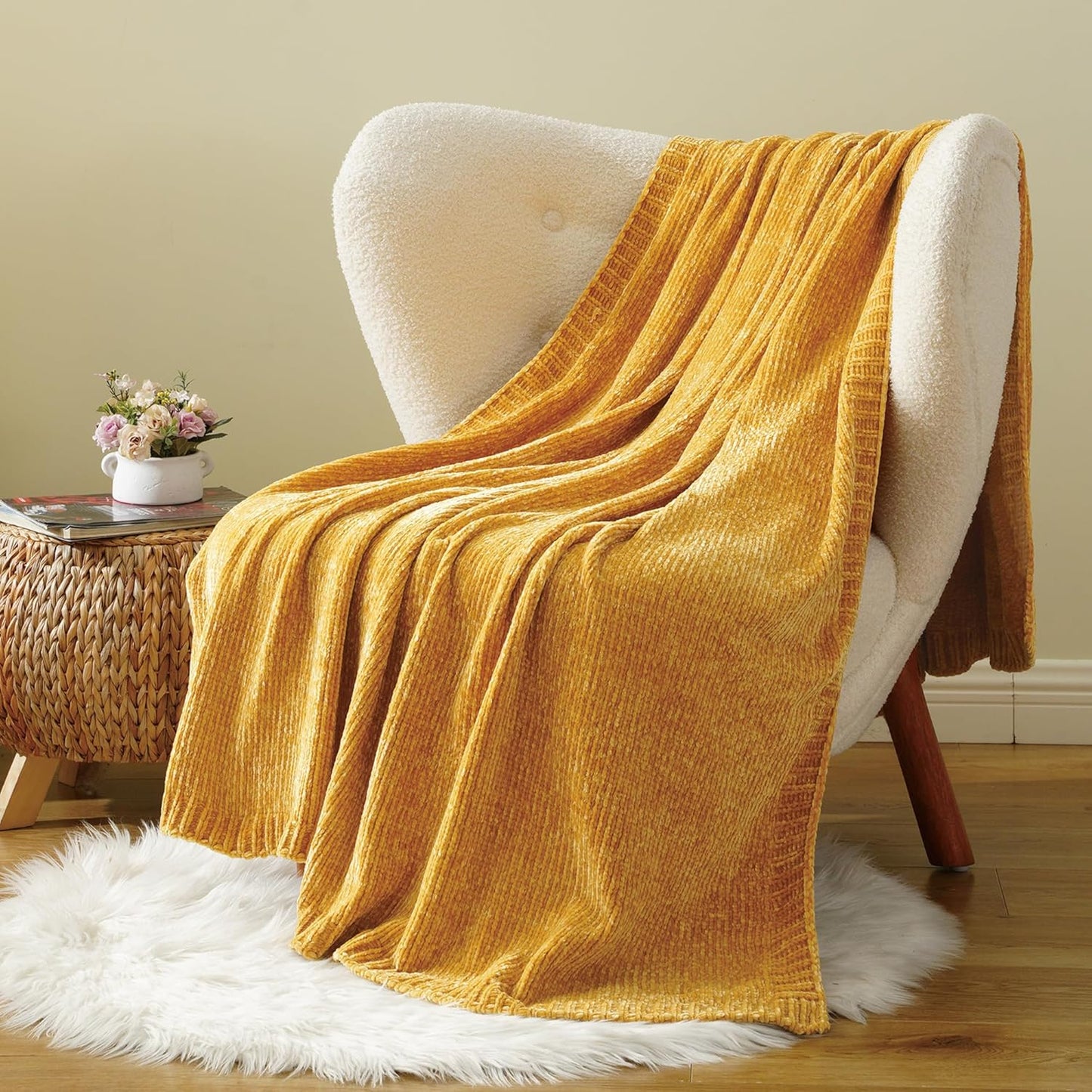 BATTILO HOME Mustard Yellow Throw Blanket for Couch, Knit Gold Chenille Throw Blanket for Sofa,Chair, Soft Cozy Spring Blanket for Bed,Home Decor, 51"x67"