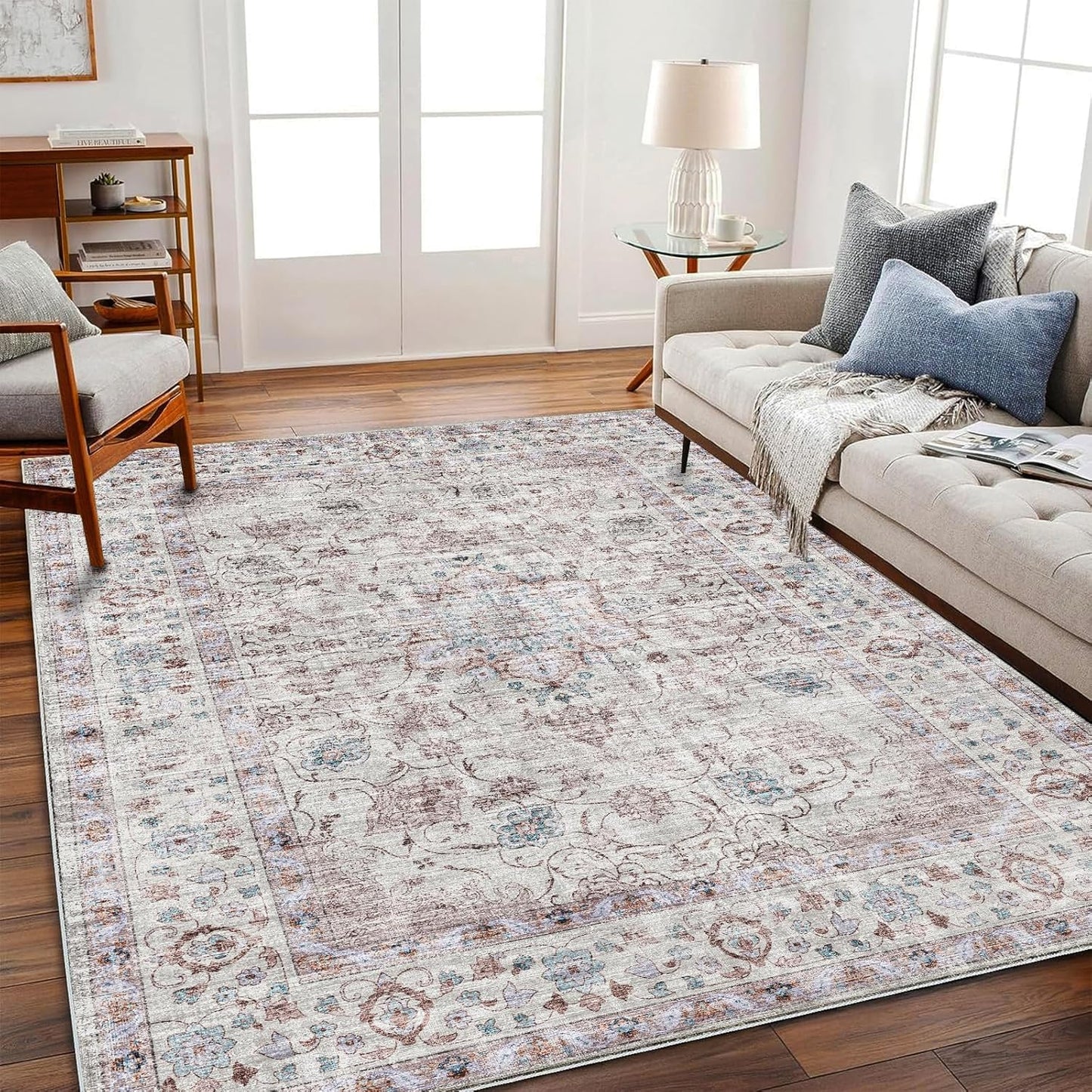 Washable Area Rug 4'x6' Traditional Floor Cover Foldable Thin Rugs Retro Kitchen Indoor Distressed Non Slip Carpet Floral Print Mat Bedroom Living Room