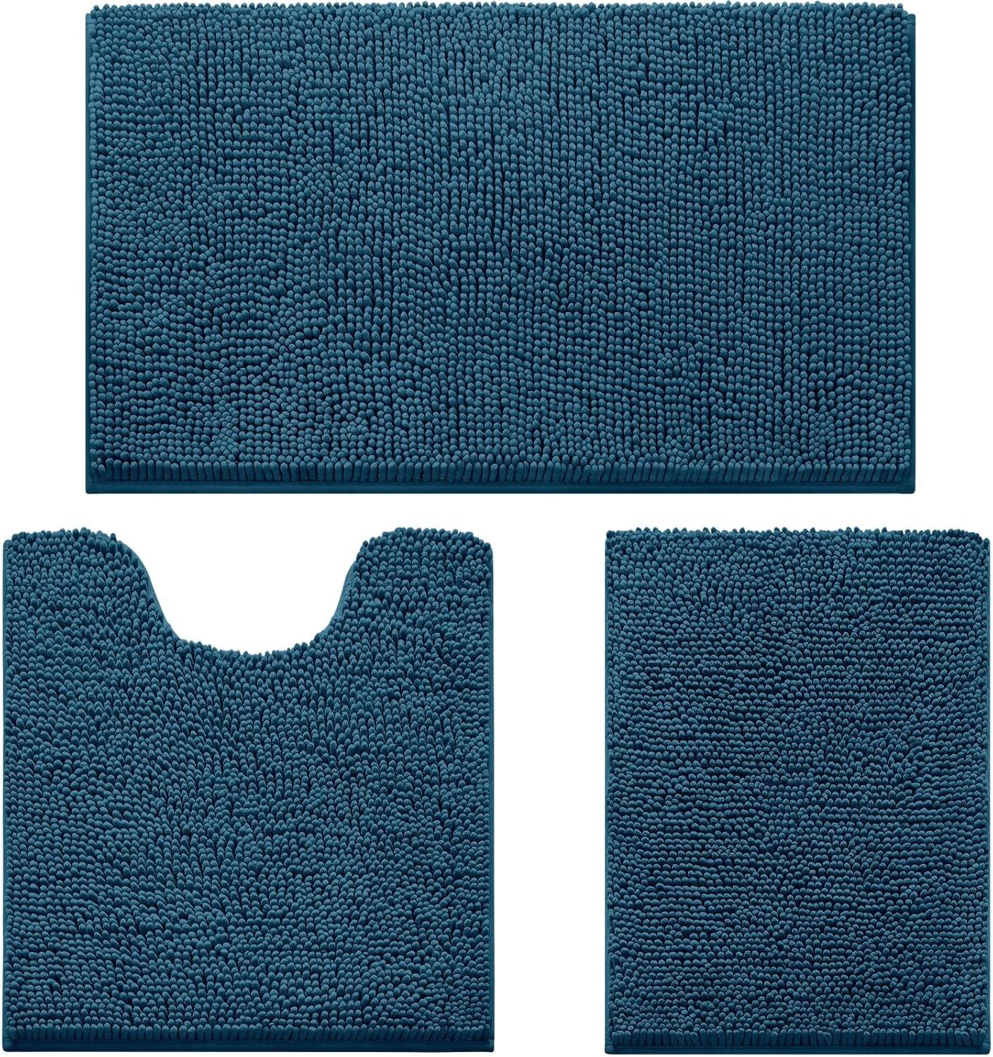 HOMEIDEAS 3 Pieces Bathroom Rugs, Ultra Soft Non Slip Absorbent Chenille Toilet Bath Mat Set (Atlantic Blue,17"x24"+20"x32"+U Shape 20"x24")