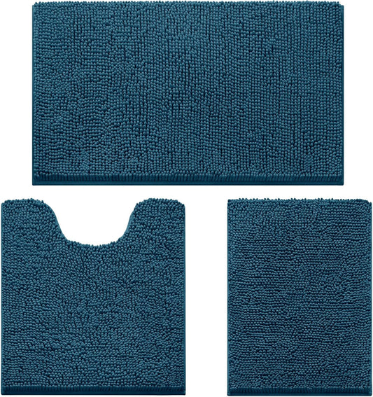 HOMEIDEAS 3 Pieces Bathroom Rugs, Ultra Soft Non Slip Absorbent Chenille Toilet Bath Mat Set (Atlantic Blue,17"x24"+20"x32"+U Shape 20"x24")