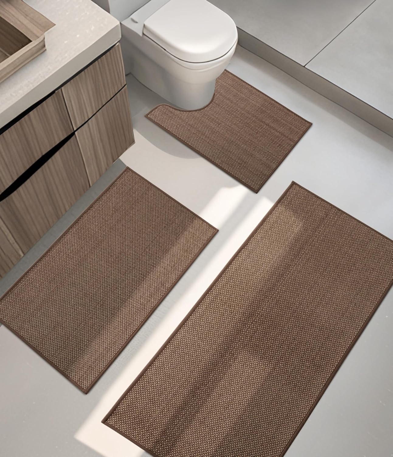 YIHOUSE Bathroom Rugs Sets 3 Pieces, Coffee Ultra Thin Bath Mats Fit Under Door, Absorbent Quickly Dry Rubber Backing Braided Bath Mat Set, Non Slip Washable Bath Rugs Mat for Bathroom Floor, Coffee