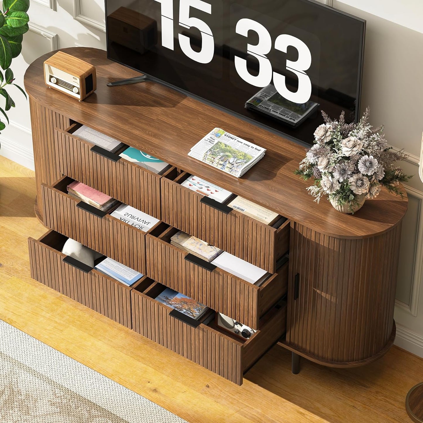 Modern Curved Fluted TV Stand for TVs up to 70 Inches, TV Console with Sliding Doors and Drawers, Credenza with Storage Cabinet for Living Room, 63 Inch, Brown