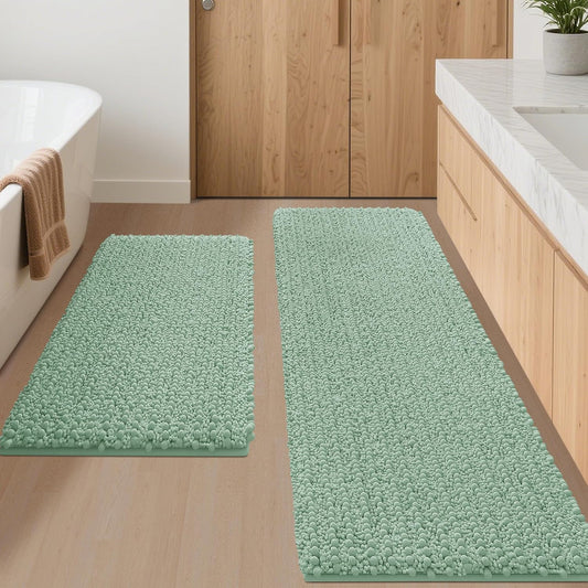 ACCUMTEK Upgrade Luxury 2 Piece Sage Green Toilet Bathroom Rug Mat 60"x20"+32"x20", Ultra Soft Thick Absorbent Bath Mats, Non Slip Chenille Toilet Mat for Bathroom, Bedroom, Kitchen, Shower, Tub