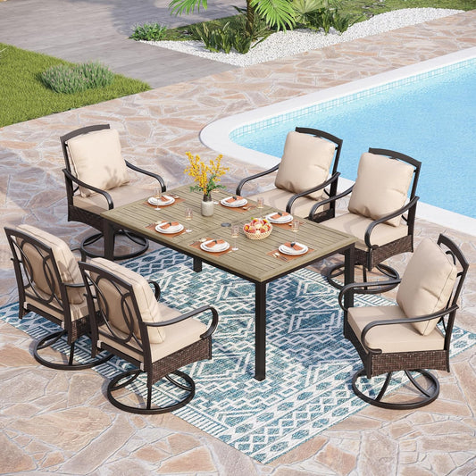 PHI VILLA 7-Piece Outdoor Dining Set, Heavy Duty Patio Table and Chairs Set with Umbrella Hole for 6, 64" Rectangular Patio Woodgrain Metal Table & Swivel Chairs with Cushions