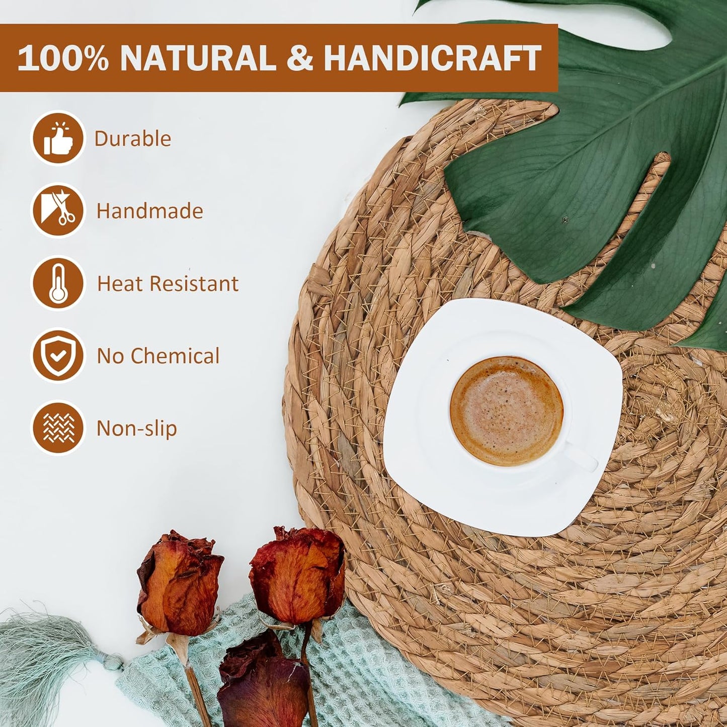 GENMOUS Woven Placemats Set of 6, 13" Round Placemats Natural Water Hyacinth Boho Placemats, Farmhouse Rattan Chargers for Dinner Plates,Rustic Braided Wicker Table Mats for Dining Table,Home,Wedding