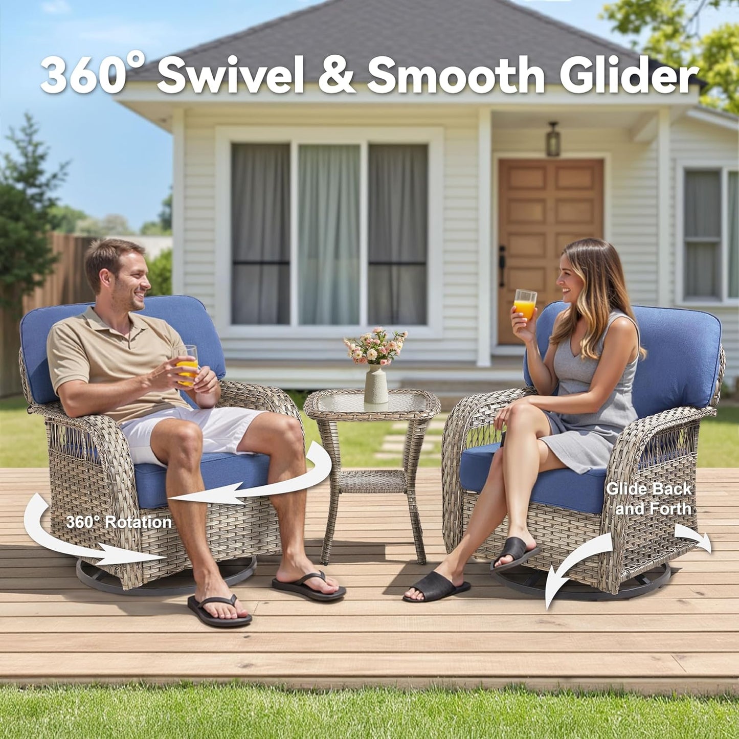 10 Pieces Outdoor Patio Furniture Set, Outdoor Wicker 3 Seater Sofa with Swivel Rocker Patio Chairs Set of 4 and 2 Ottomans, Comfy Patio Conversation Set for Deck Porch Backyard, Blue