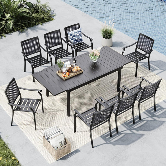 MFSTUDIO Outdoor Dining Set for 8, Expandable Patio Table and Chairs Set, 9 Piece Metal Patio Dining Set, Patio Furniture Set for Deck Backyard Poolside Garden
