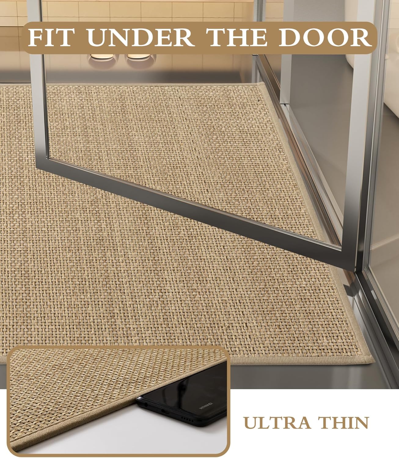 YIHOUSE Bathroom Rugs Sets 2 Pieces, Beige Ultra Thin Bath Mats Fit Under Door, Absorbent Quickly Dry Rubber Backing Braided Bath Mat Set, Non Slip Washable Bath Rugs for Bathroom Floor, Beige