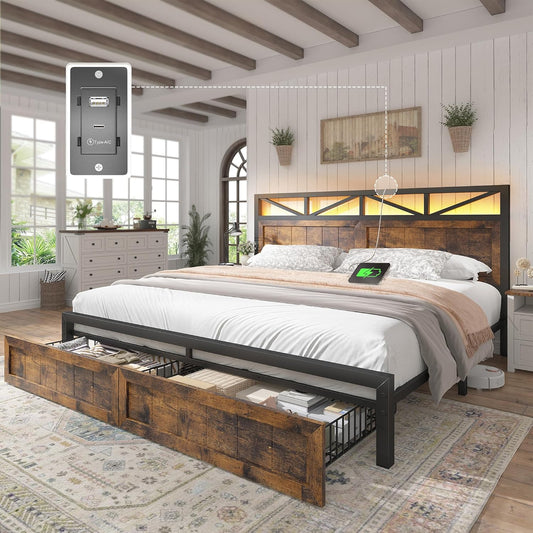 EnHomee Farmhouse King Size Bed Frame with 2 Storage Drawers & LED, Metal King Bed Frame Built in Charging Station,NO Noise,No Box Spring Needed,Brown