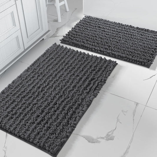 Yimobra Bathroom Rugs Sets 2 Piece - Quick Dry Extra Thick Luxury Chenille Bath Mat, Non Slip Super Absorbent for Tub Shower Sink, Machine Washable Shaggy Floor Mat, 32"x20"+24"x17" Inch, Dark Grey