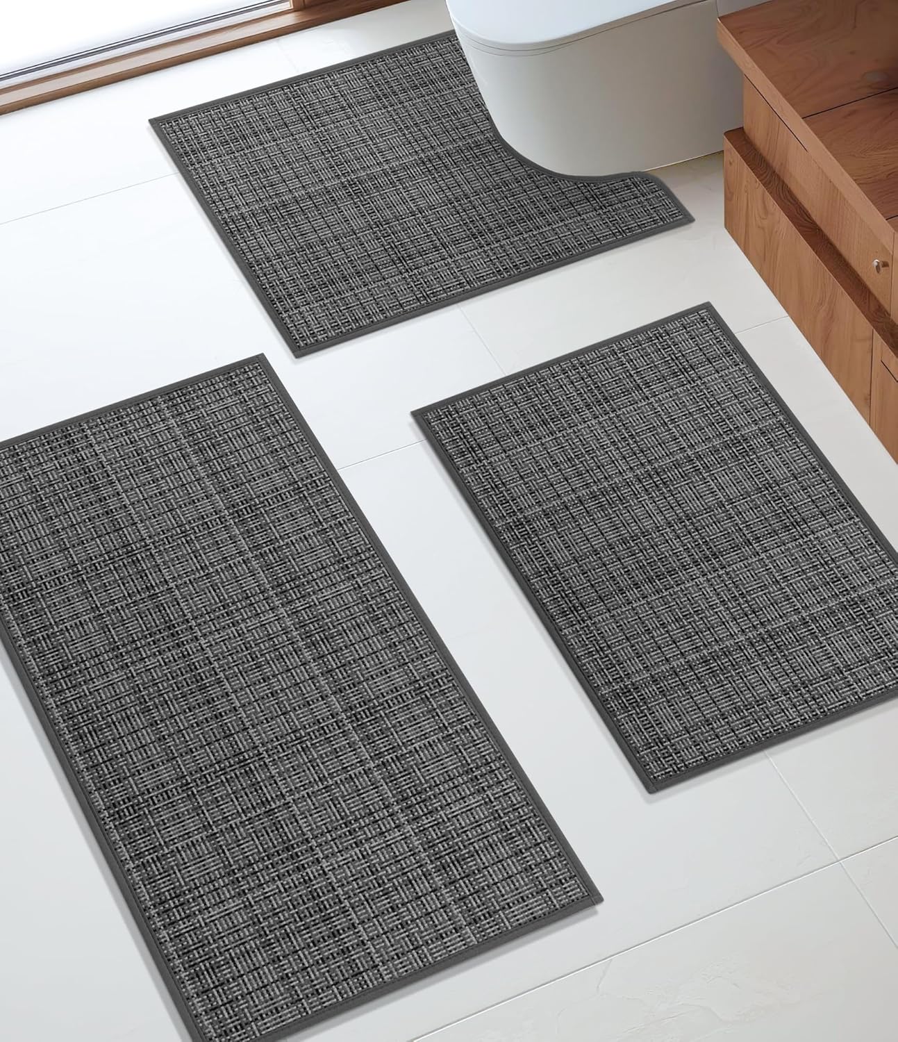 YIHOUSE Bathroom Rugs Sets 3 Pieces, Dark Grey Ultra Thin Bath Mats Fit Under Door, Absorbent Quickly Dry Rubber Backing Braided Bath Mat Set, Non Slip Washable Bath Rugs for Bathroom Floor, Grey
