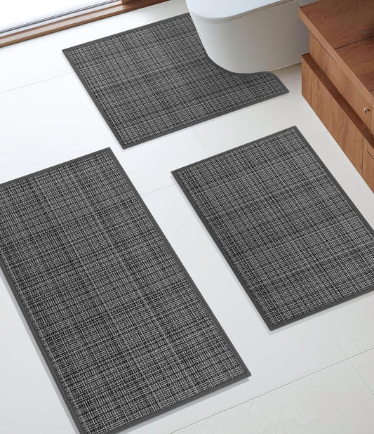 YIHOUSE Bathroom Rugs Sets 3 Pieces, Dark Grey Ultra Thin Bath Mats Fit Under Door, Absorbent Quickly Dry Rubber Backing Braided Bath Mat Set, Non Slip Washable Bath Rugs for Bathroom Floor, Grey