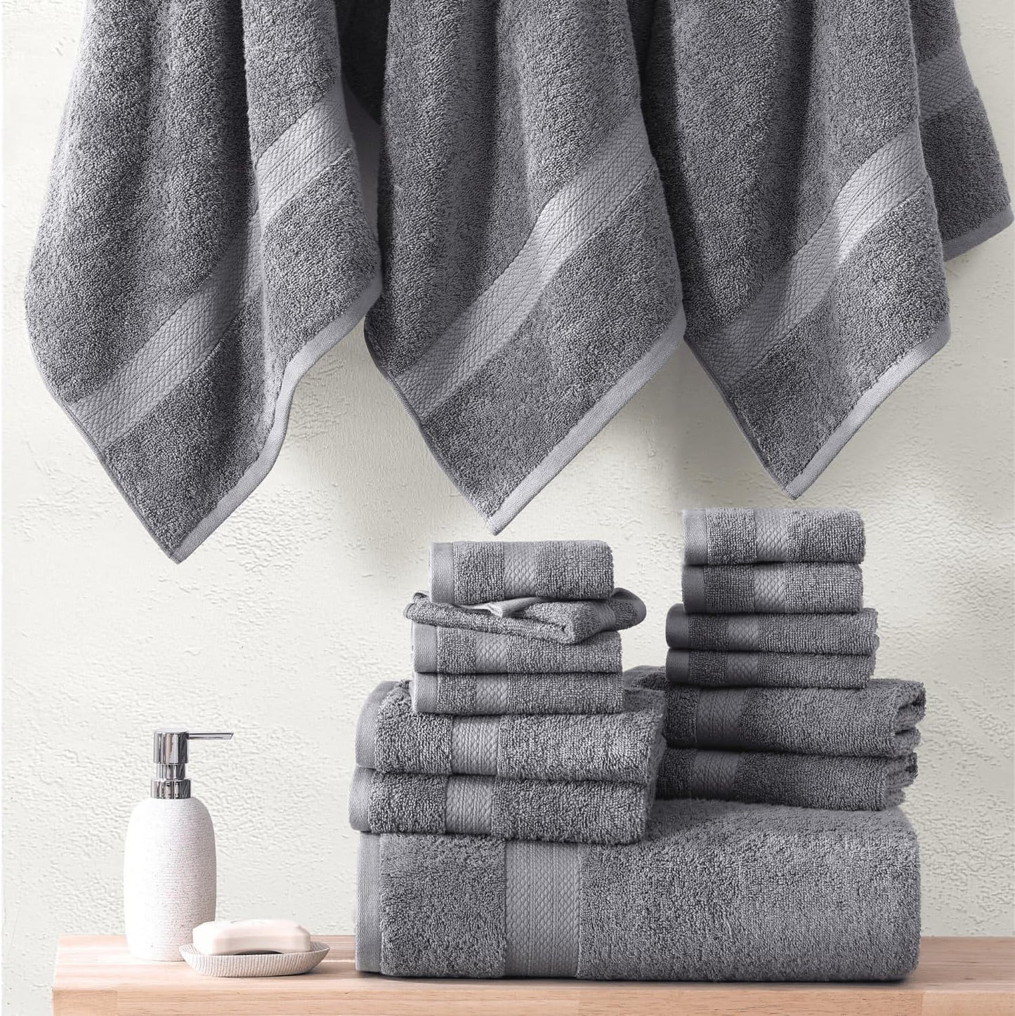 Lane Linen 100% Mercerized Cotton Luxury Bathroom Towels Set - 6 Pieces - Ring Spun Technology - 2 Bath, 2 Washcloths, 2 Hand Towels - Suitable for All Skin Types including Sensitive Skin - Space Grey