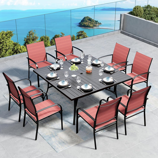 Patio Dining Set for 8, 60" x 60" Square Metal Table with Umbrella Hole, 8 x Stable Dining Chairs, Outdoor Table and Chairs Set for Lawn Backyard and Deck, Red