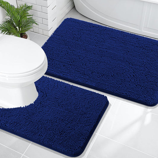 OLANLY Bathroom Rugs Sets 2 Piece, Soft Absorbent Chenille Bath Mats and U-Shaped Contour Toilet Mat Area Rug Set, Machine Washable Bath Carpet, Home Decor Accessories(36"x24"+24"x20", Navy)