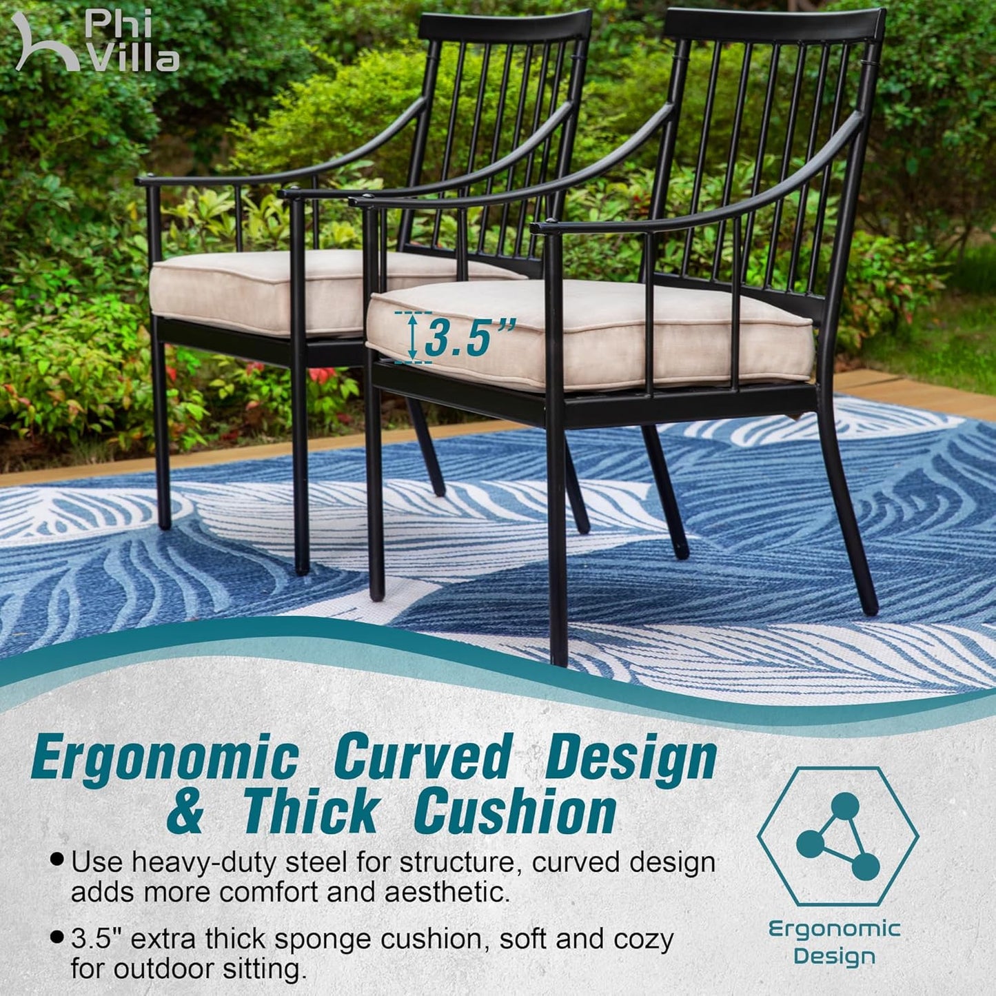 PHI VILLA 7 Piece Outdoor Dining Set with Cushion, 60” Rectangular Metal Dining Table with Umbrella Hole & 6 Cushioned Iron Chairs for Patio, Deck, Yard