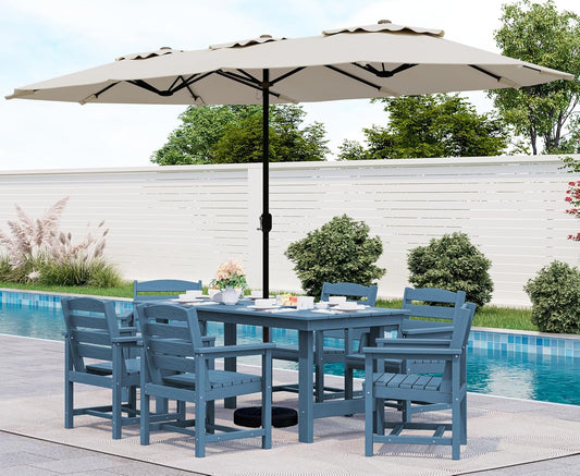 SERWALL 8-Piece Patio Dining Sets with 15FT Double Side Patio Umbrella, Outdoor HDPE Dining Furniture Set with Umbrella Hole Cut-Out Table and 6 Chairs, Blue（Umbreall Base not Included）