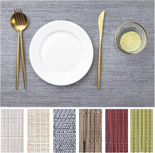 LEXMORE Placemats Set of 6 Vinyl/Plastic Woven Place Mats for Kitchen Table Indoor/Outdoor Washable Placemat Wipeable Dining Table Mats(Ombre Gray)