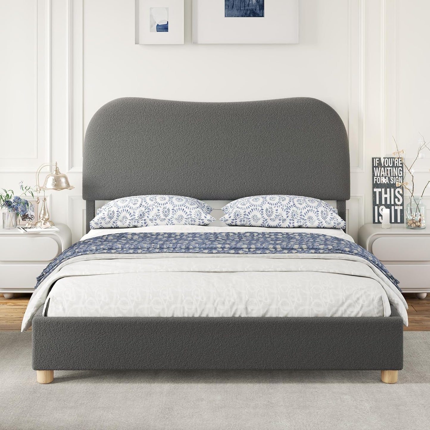 AMERLIFE Queen Size Upholstered Boucle Bed Frame, Soft Cloud Platform Bed with Adjustable Headboard, Modern Design, Rounded Corners, Rubberwood Legs, No Box Spring Needed, Easy Assembly, Charcoal Gray