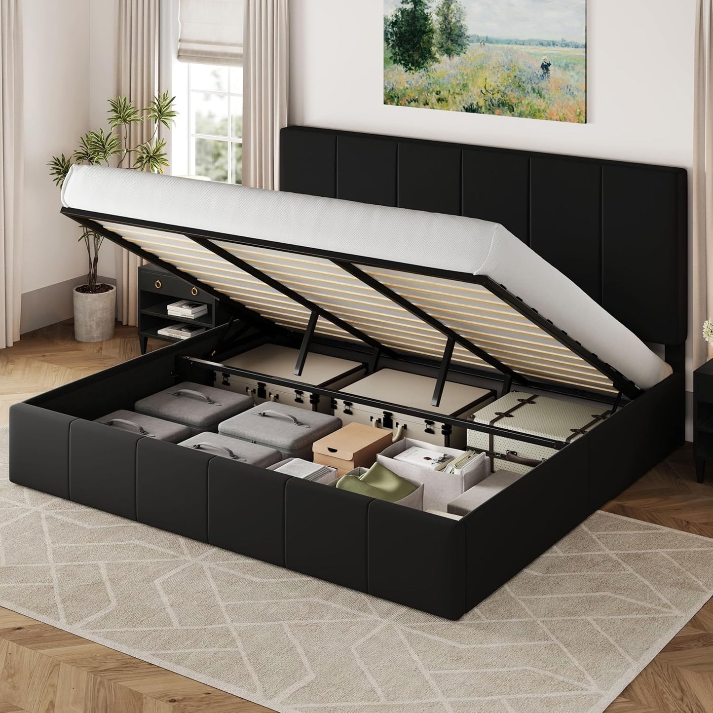 Allewie King Size Velvet Lift Up Storage Bed Frame, Vertical Channel Tufted Headboard, Hydrualic Underneath Storage, Upholstered Platform Bed, Wooden Slats Support, No Box Spring Needed, Black