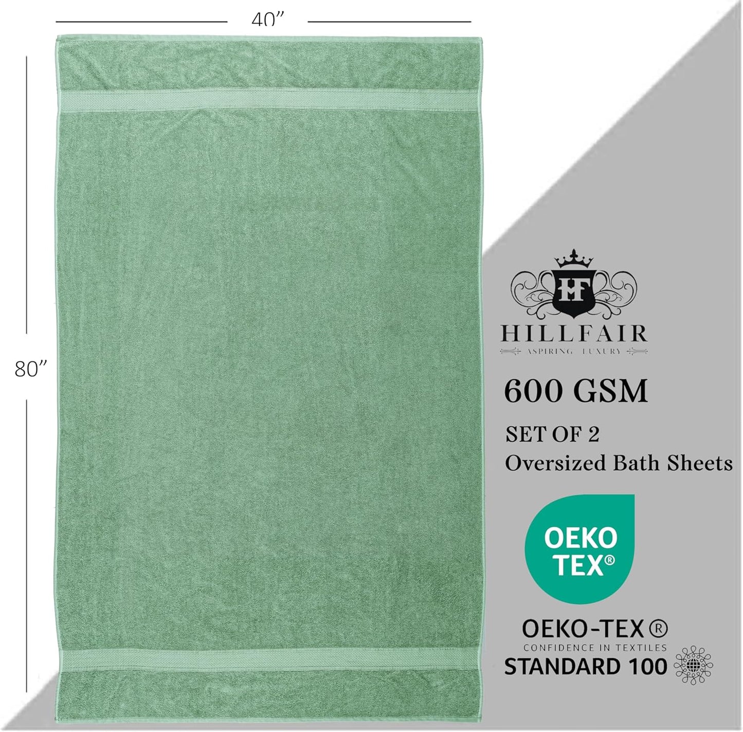 HILLFAIR 600 GSM- 40 x 80 Inches- 100% Cotton 2 Pc XXL Oversized Bath Towel Set- Soft Highly Absorbent Jumbo Bath Sheets Towels Sets- Quick Dry Oversized Sheets Towel Sets for Hotel Spa Pool- Sage