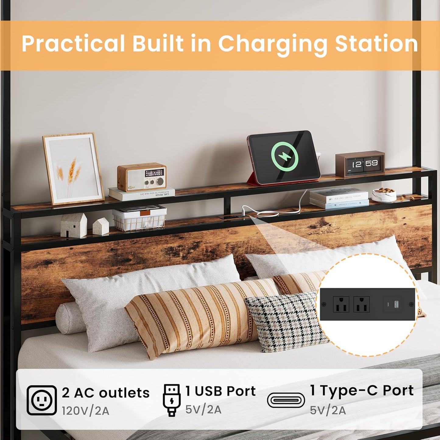 LIKIMIO Canopy Bed Frame King with Storage Headboard & Charging Station, Sturdy Metal Platform Bed with 4 Removable Posts, Dual Purpose Bed Frame, No Box Spring Needed, Noise Free