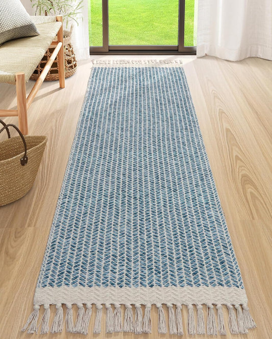 Lahome Boho Kitchen Runner Rug, 2'6''x8 Runners for Hallways Lightweight Bathroom Rug Woven Cotton Throw Mat with Tassels, Farmhouse Blue Runner Rugs Non Shedding Rugs for Laundry Room Rv Decor