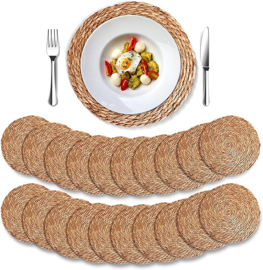 Round Woven Placemats 13 inch Set of 20, Boho Rattan Placemats, Farmhouse Weave Place Mats, Rustic Braided Wicker Table Mats for Dining Table,Home and Wedding