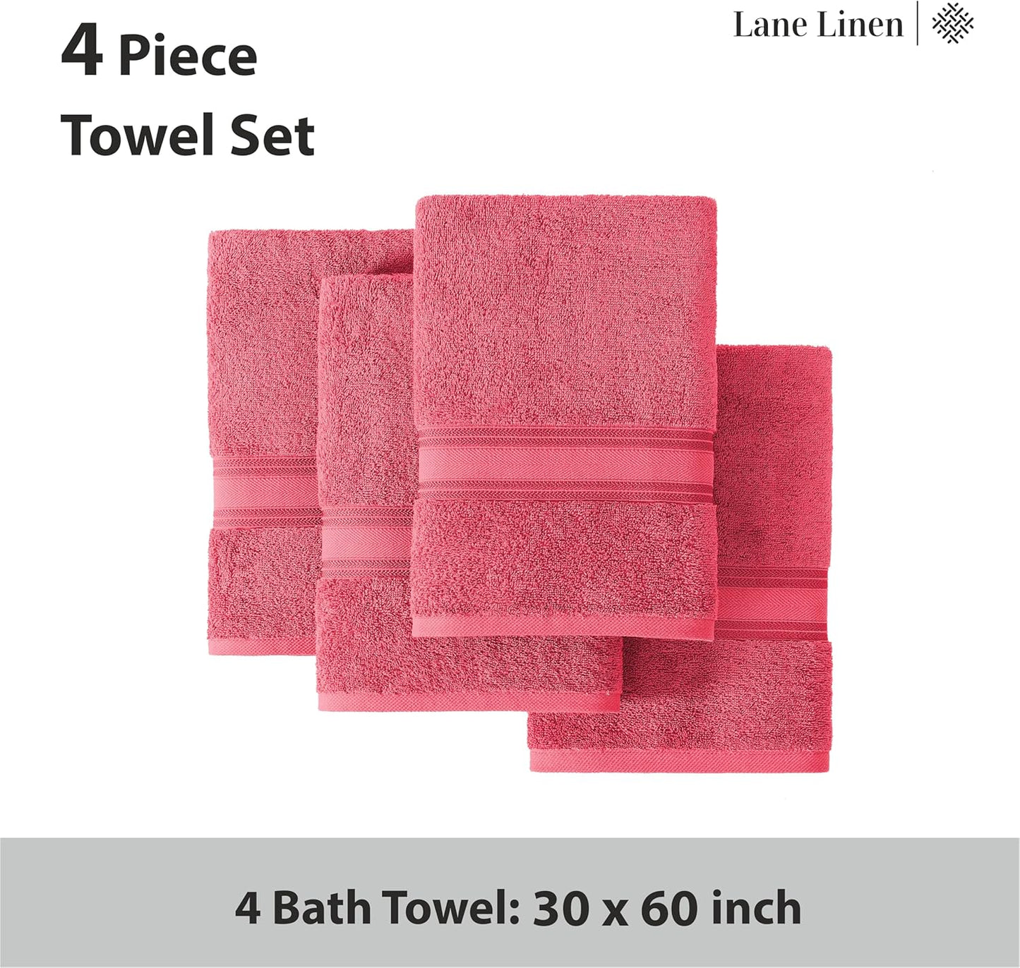 Lane Linen 100% Cotton Large Bath Towels Set of 4 (30"x60") - Zero Twist, Mercerized Cotton Bathroom Towel Sets - Quick Dry, Soft & Absorbent Large Towels Set - Dorm Essentials for Girls - Honeysuckle