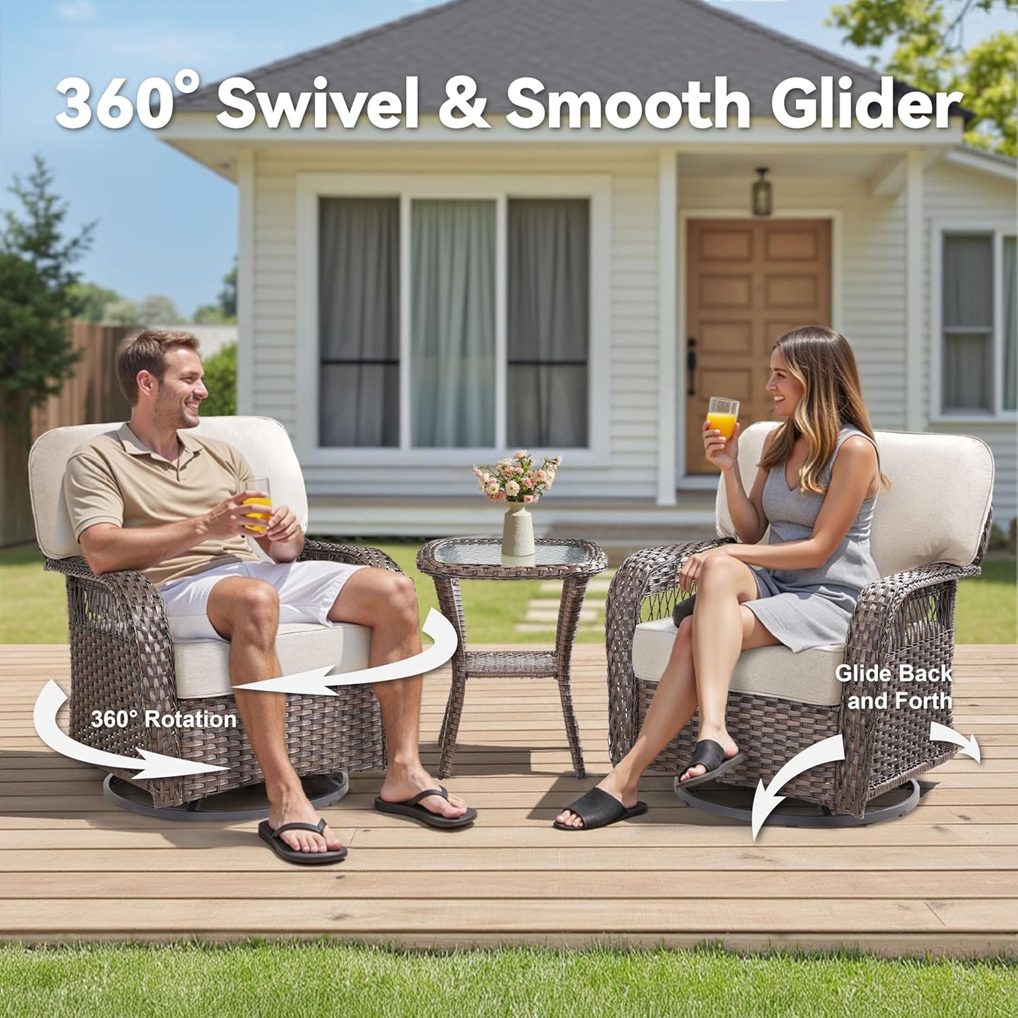 10 Pieces Wicker Patio Furniture Sets Swivel Chairs, All Weather Wicker 3 Seater Sofa with Ottomans Rattan Side Table, Outdoor Conversation Furniture Set for Porch Sunroom Backyard, Beige