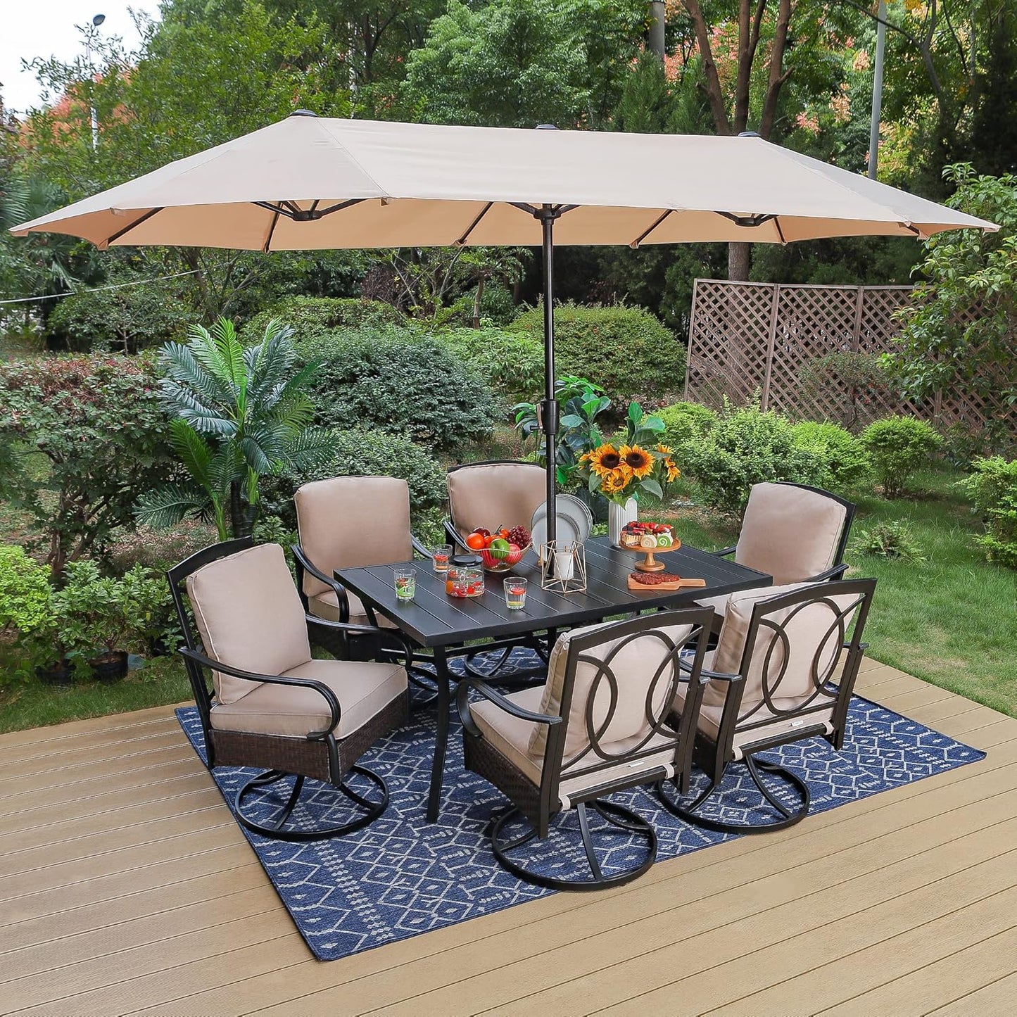 PHI VILLA Outdoor Dining Set for 6, All-Weather Patio Table and Chairs Set with Umbrella for 6, Heavy Duty Rectangle Patio Table Set for Deck, 6 Extra Large Outdoor Swivel Chairs with Thick Cushions
